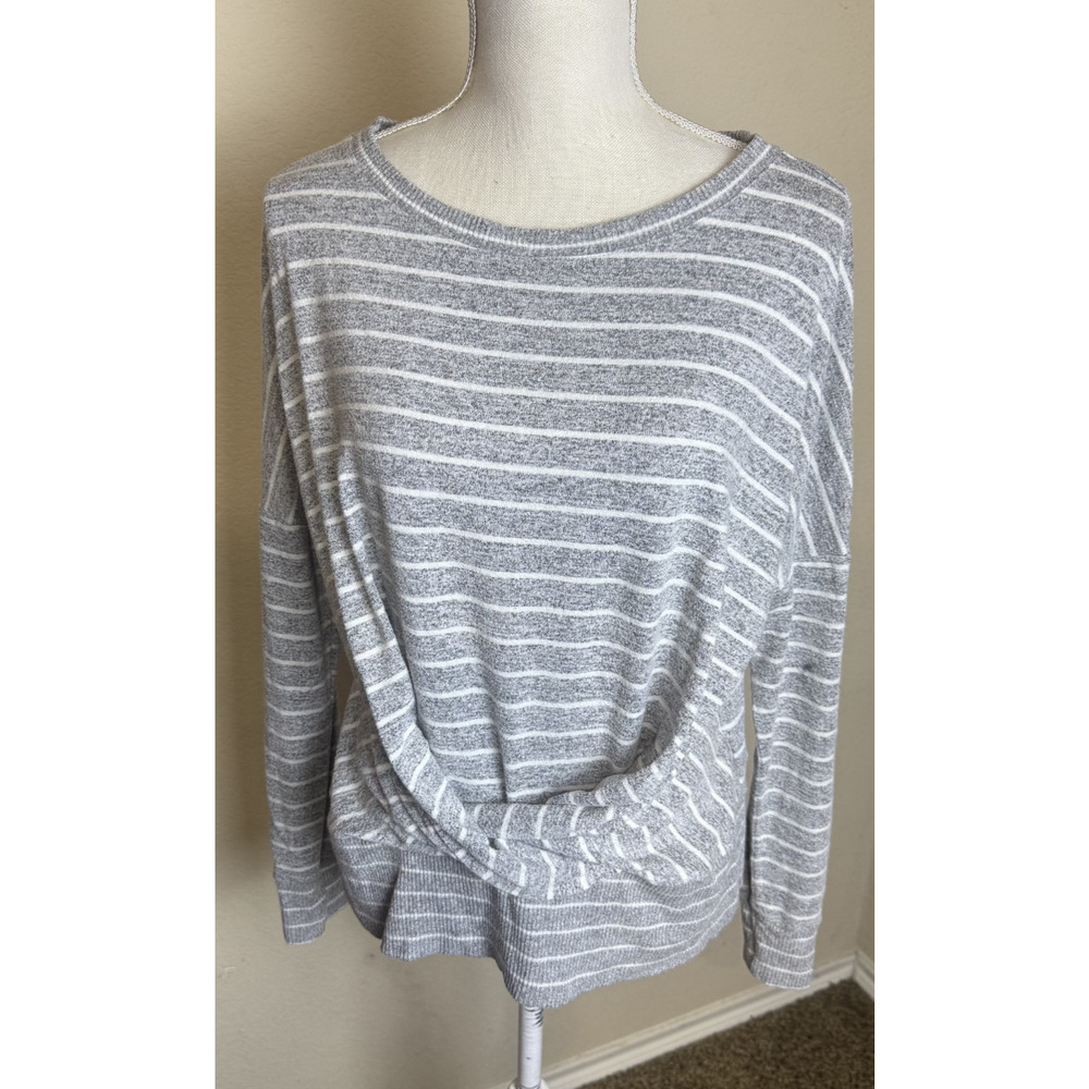 Daily Ritual Striped Gray Knit Top drape wrap front Relaxed Casual Shirt L